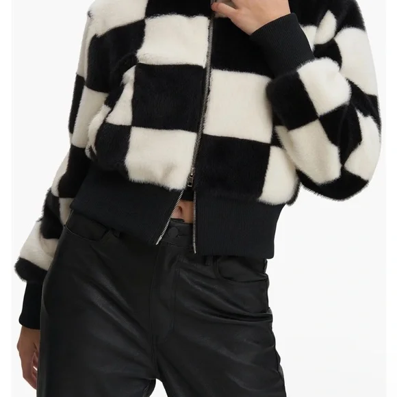 Noize Checkered Teddy Jacket Black White | Soft Faux Fur Cozy Statement Coat - Picture 4 of 8